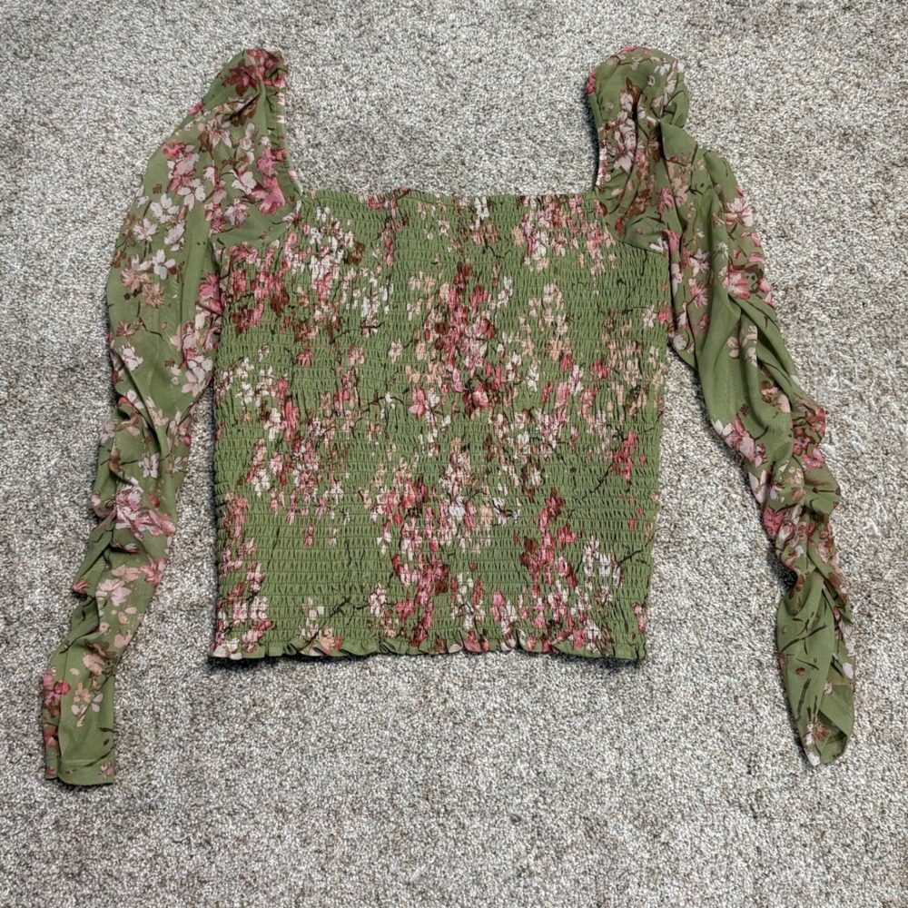Maeve Top Women XL Green Floral Mesh Smocked Ruched Square Neck Long Sleeve